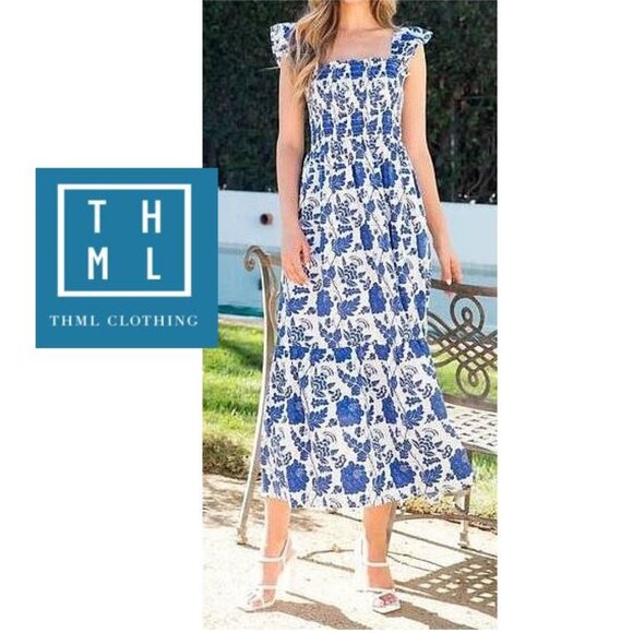 THML - 100% cotton Penelope blue &white floral sleeveless sundress - Picture 1 of 13
